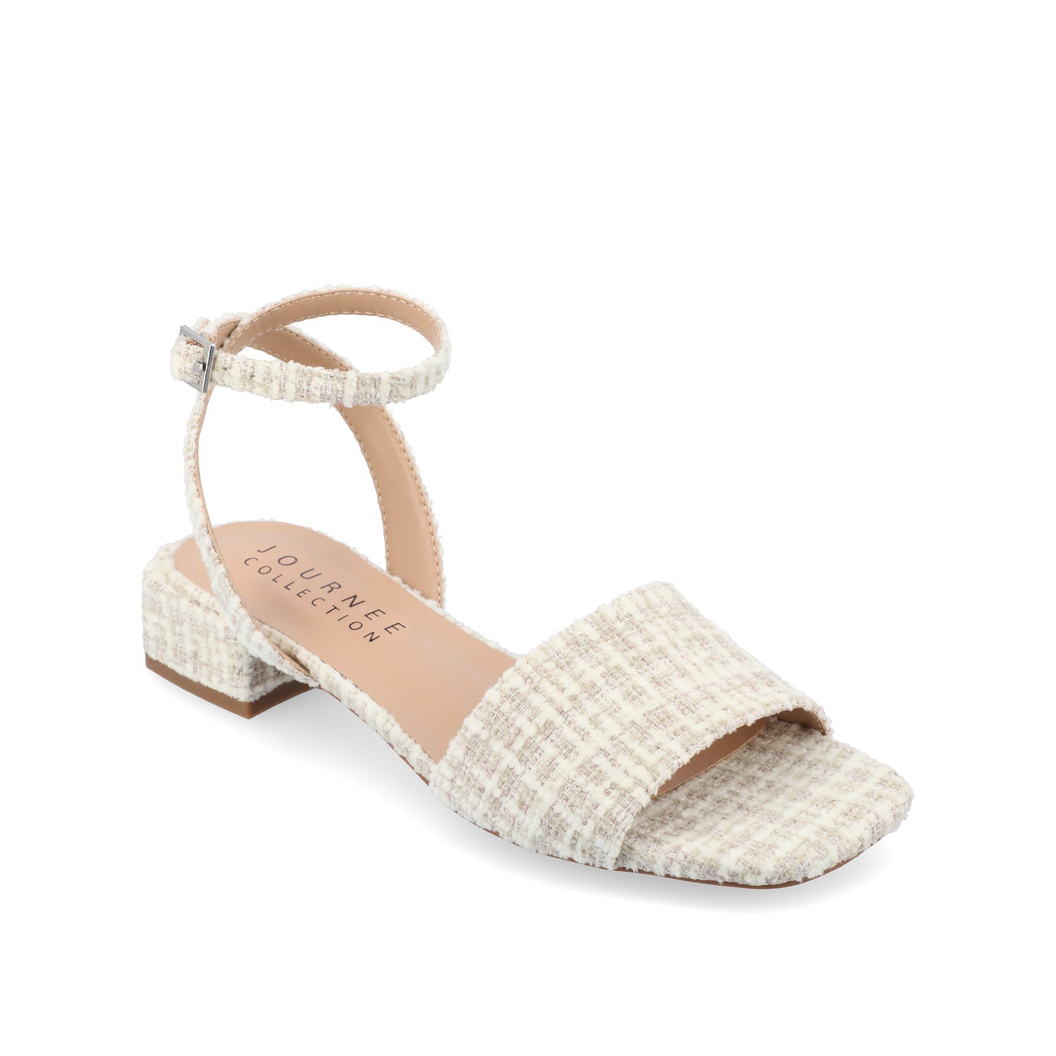 ADLEEY STRAPPY LOW BLOCK HEELS IN TWEED - Beige Tweed