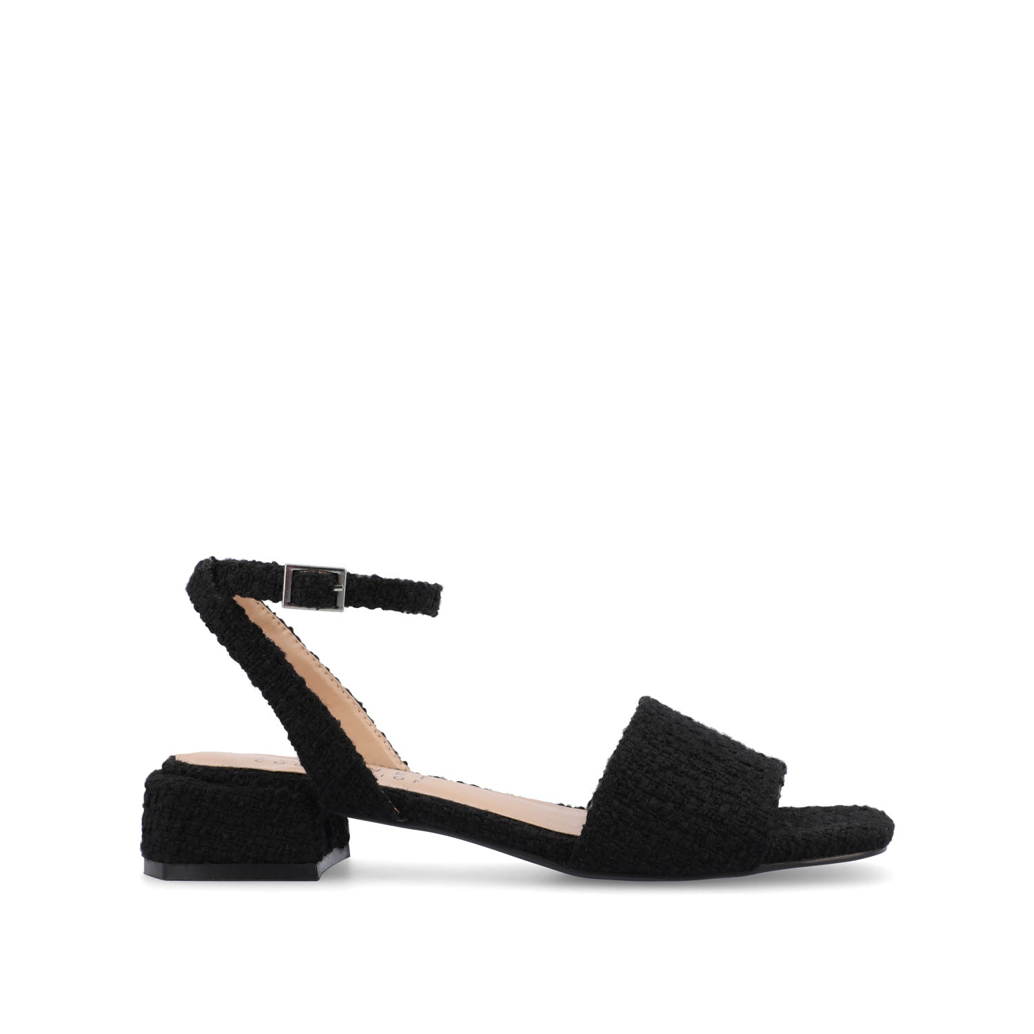 ADLEEY STRAPPY LOW BLOCK HEELS IN TWEED - Black Tweed