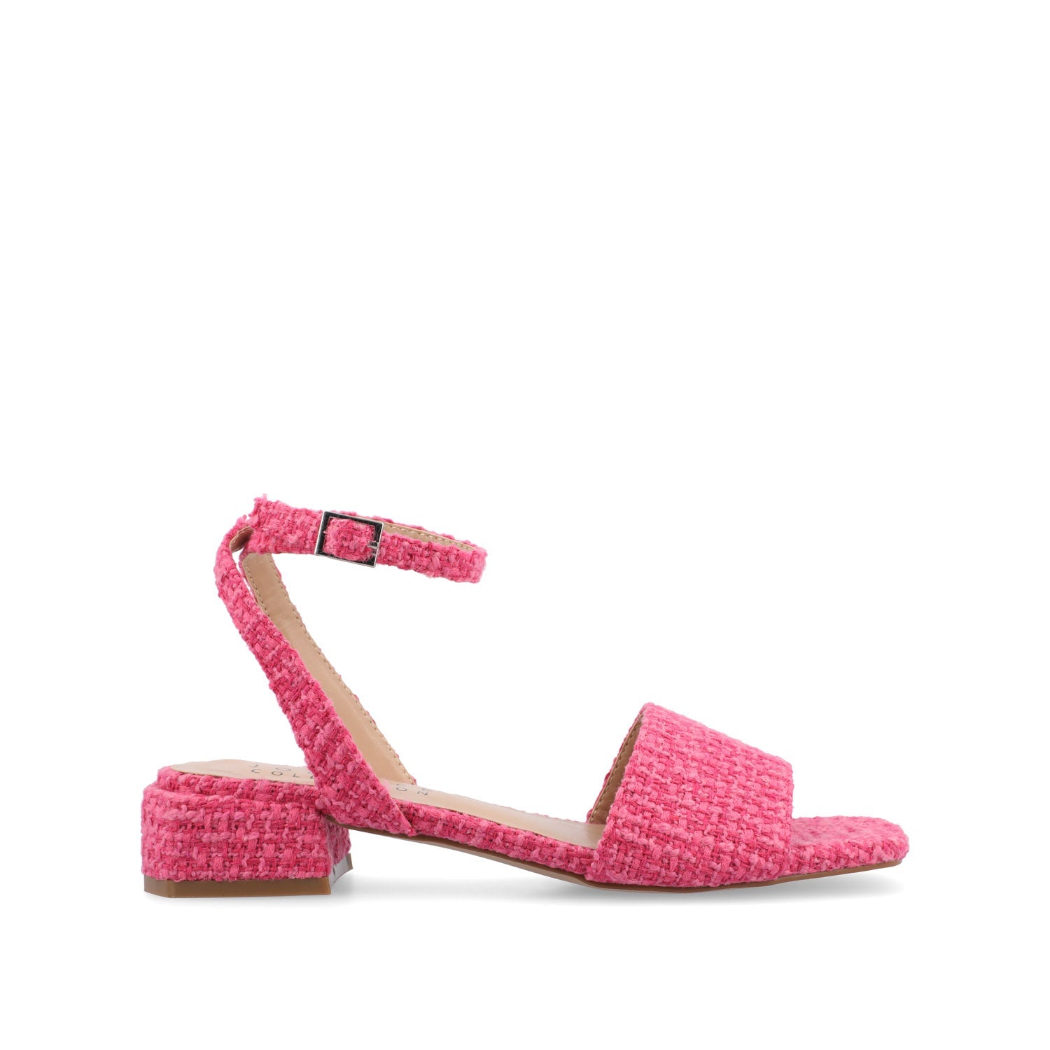 ADLEEY STRAPPY LOW BLOCK HEELS IN TWEED - Magenta Tweed