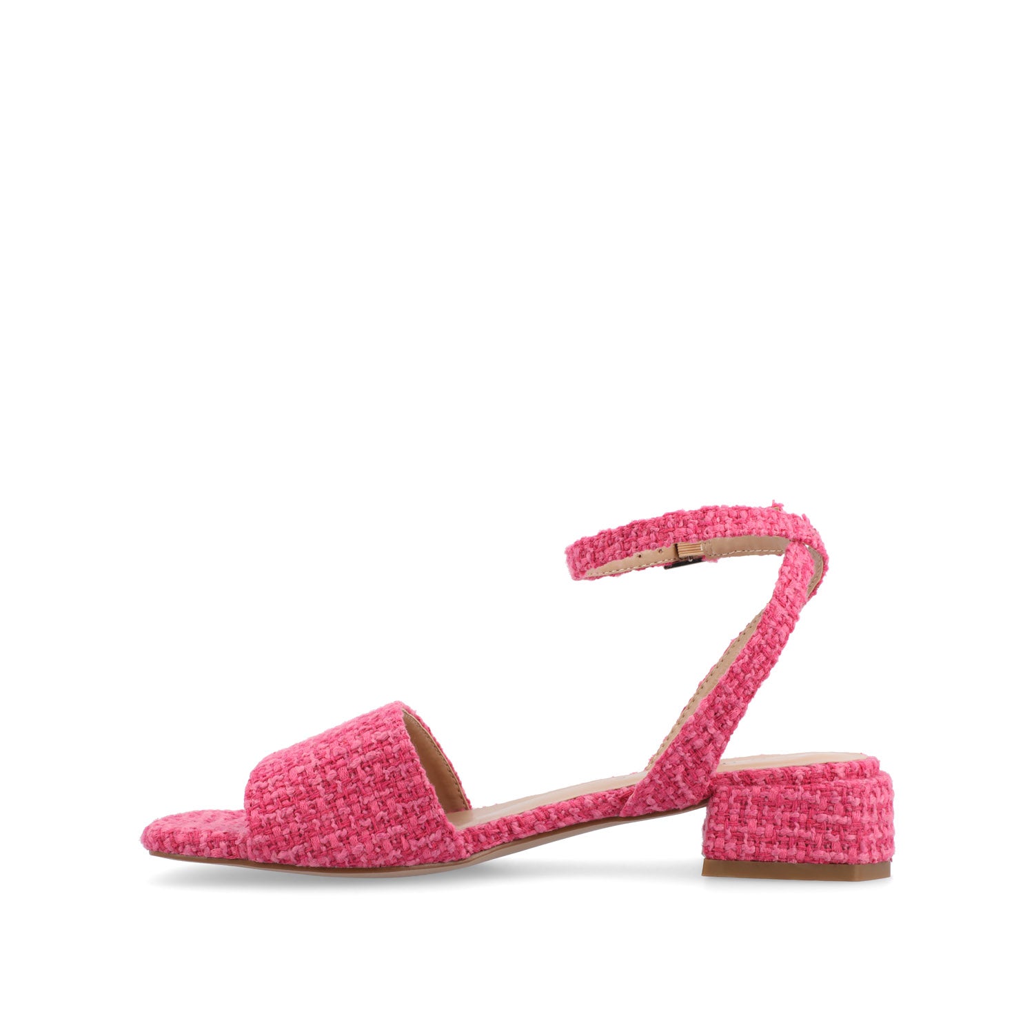 ADLEEY STRAPPY LOW BLOCK HEELS IN TWEED - Magenta Tweed