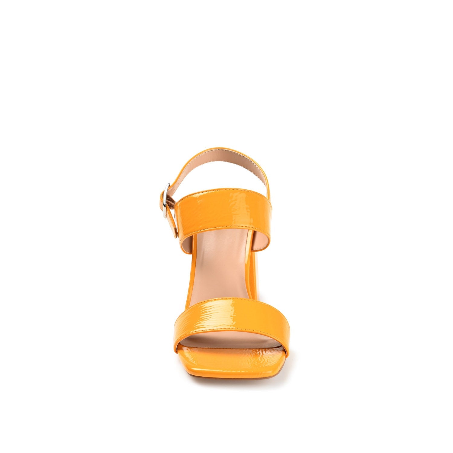 ADRAS STRAPPY BLOCK HEELS IN PATENT - Orange Patent