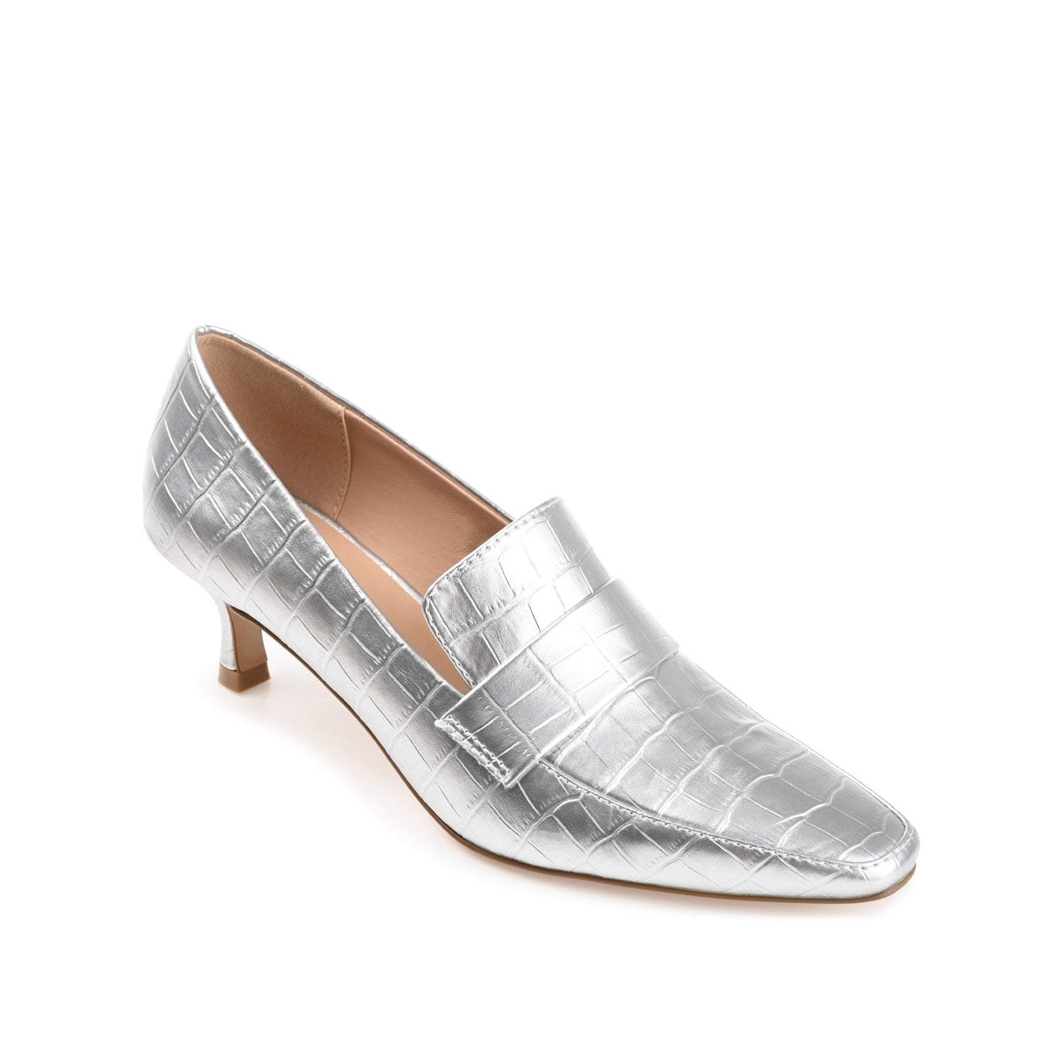 CELINA KITTEN LOAFER HEELS IN CROCO - Silver Croco