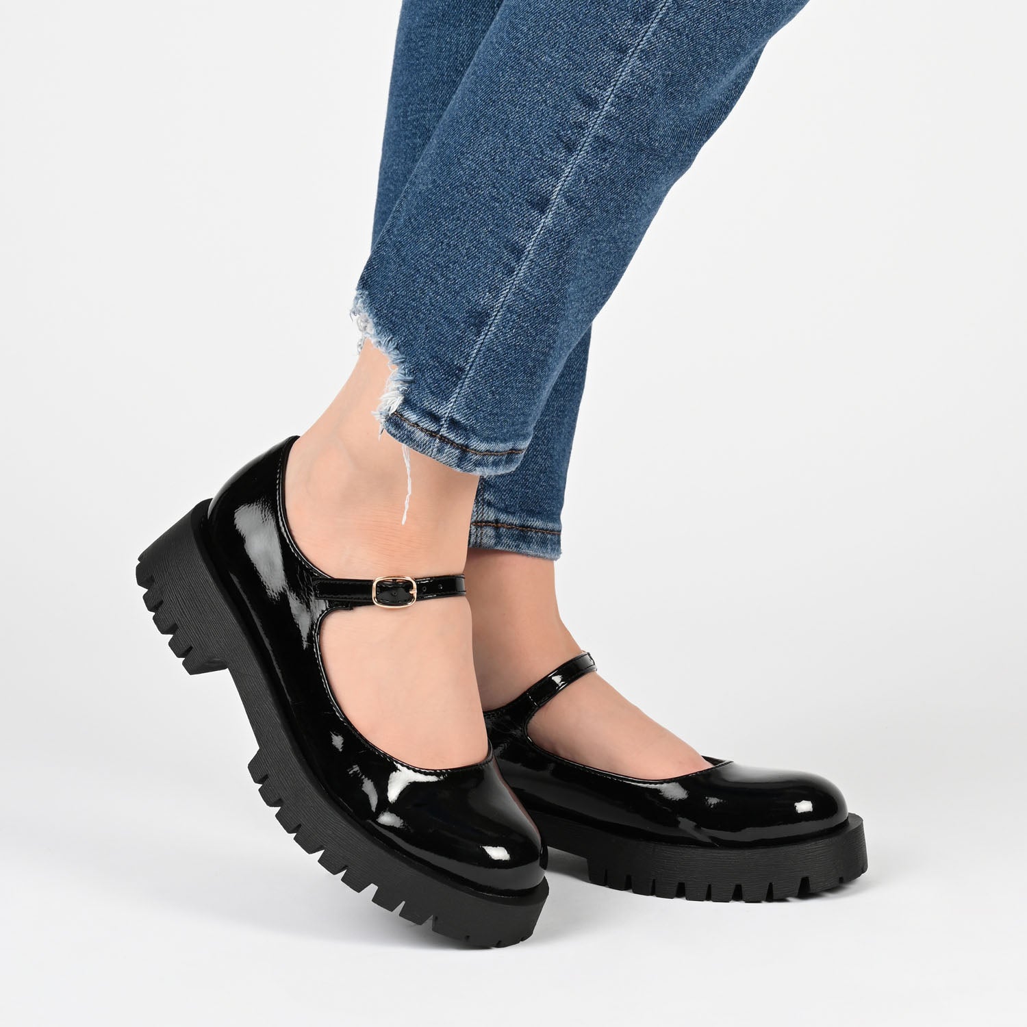 KAMIE LUG SOLE MARY JANE FLATS IN WIDE - Black Patent