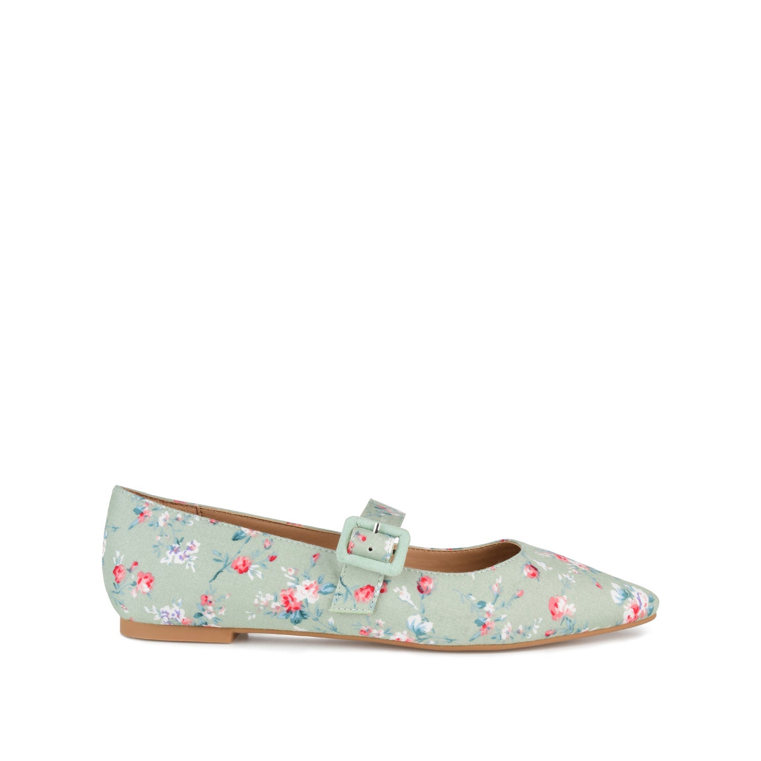 KARISSA MARY JANE FLATS IN FAUX SUEDE - Green Floral Fabric