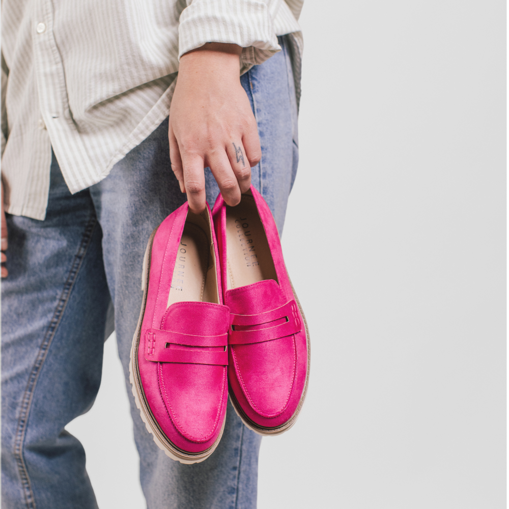 KENLY FAUX SUEDE LOAFER FLATS IN WIDE - Pink Faux Suede