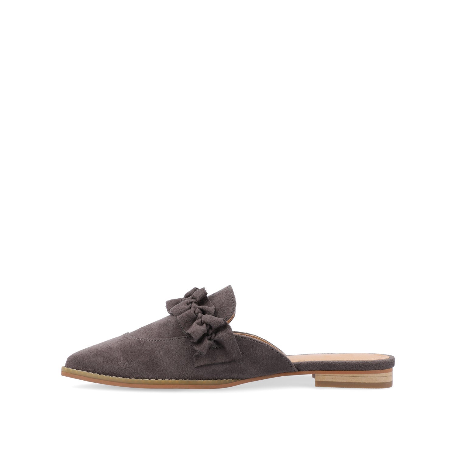 KESSIE RUFFLED MULE FLATS IN FAUX SUEDE - Grey