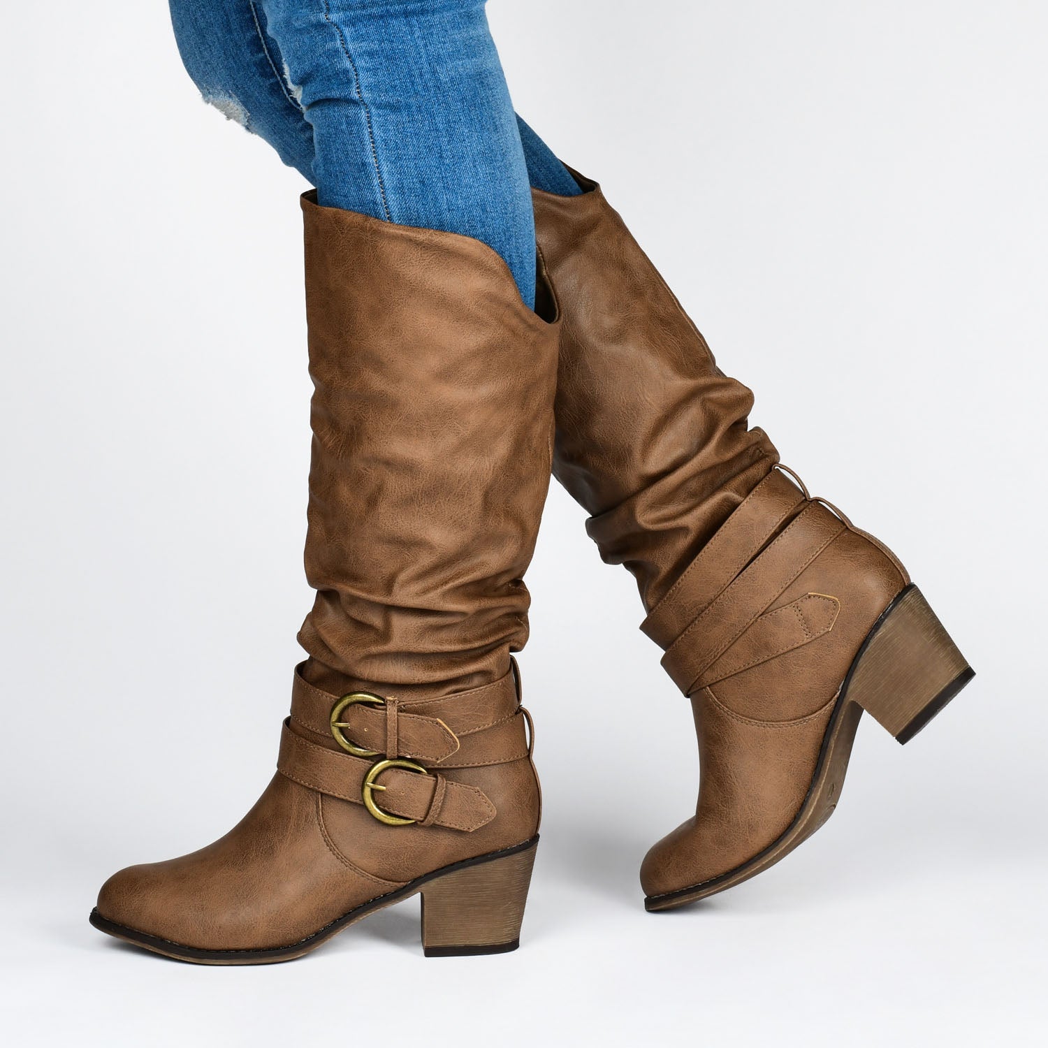 LATE KNEE-HIGH BOOTS IN WIDE WIDTH & CALF - Dark-Brown PU