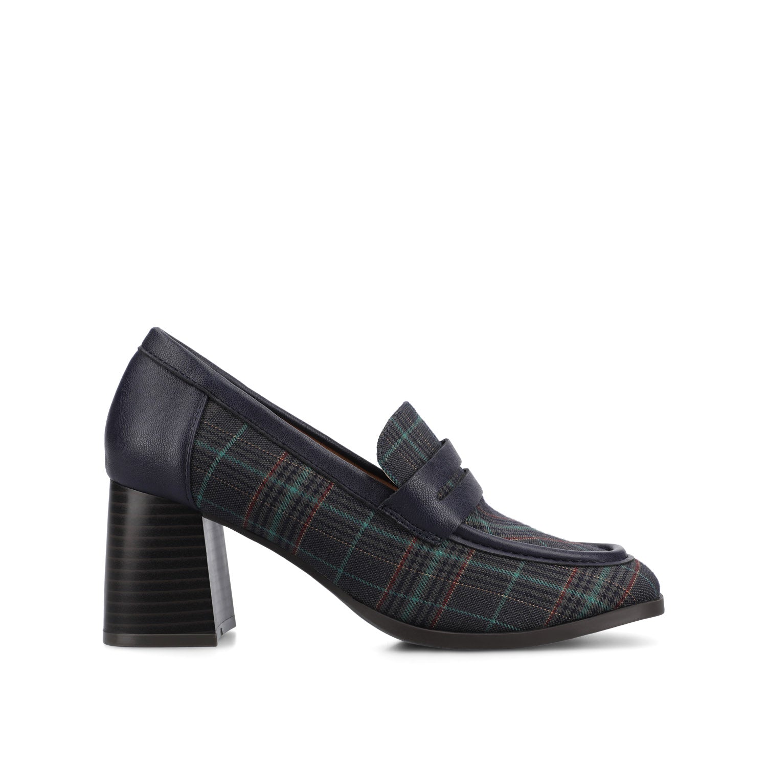 MALLEAH BLOCK HEEL LOAFERS IN WIDE - Navy Plaid
