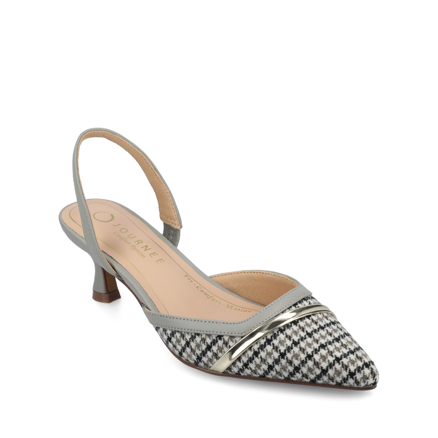 NELLIA TWEED SLINGBACK KITTEN HEELS IN WIDE - Grey Houndstooth Tweed