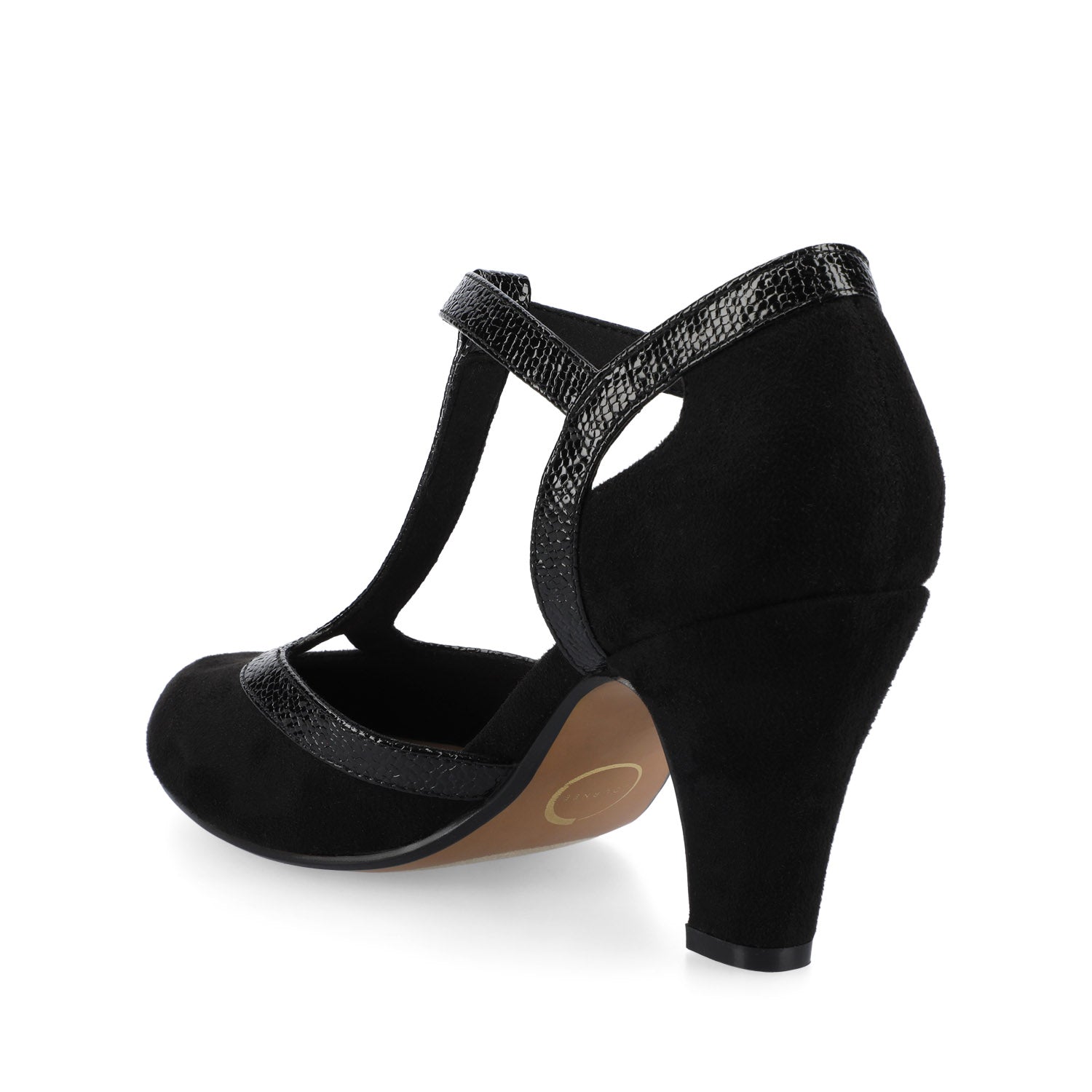 OLINA T-STRAP PUMP HEELS IN VEGAN LEATHER - Black Suede