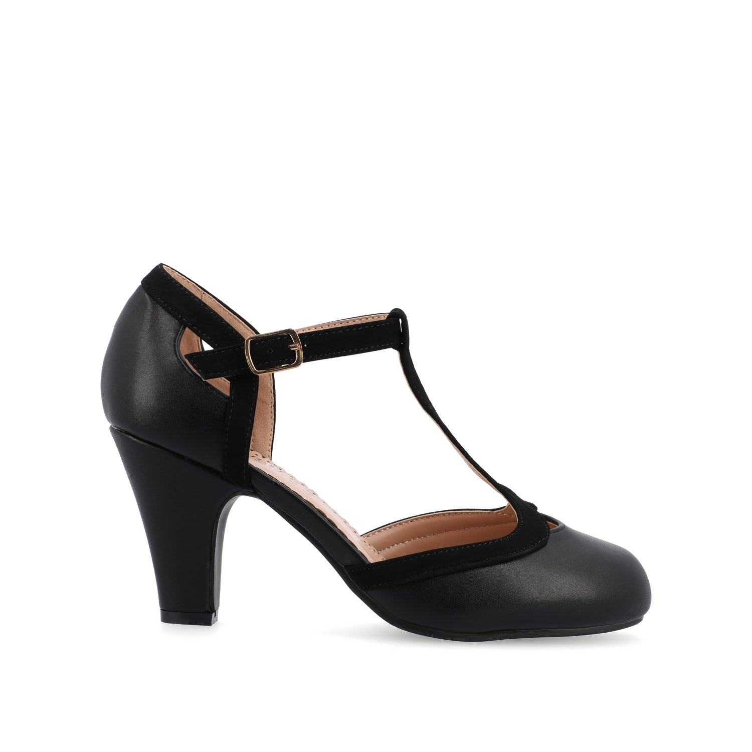 OLINA T-STRAP PUMP HEELS IN VEGAN LEATHER