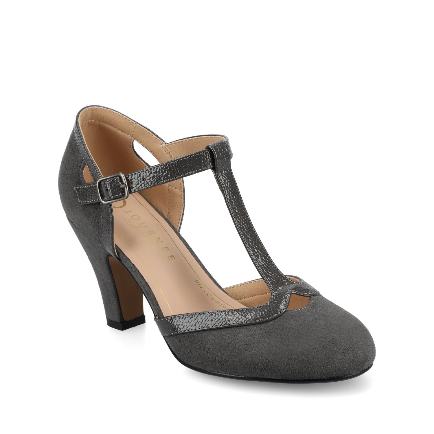 OLINA T-STRAP PUMP HEELS IN VEGAN LEATHER - Grey Suede