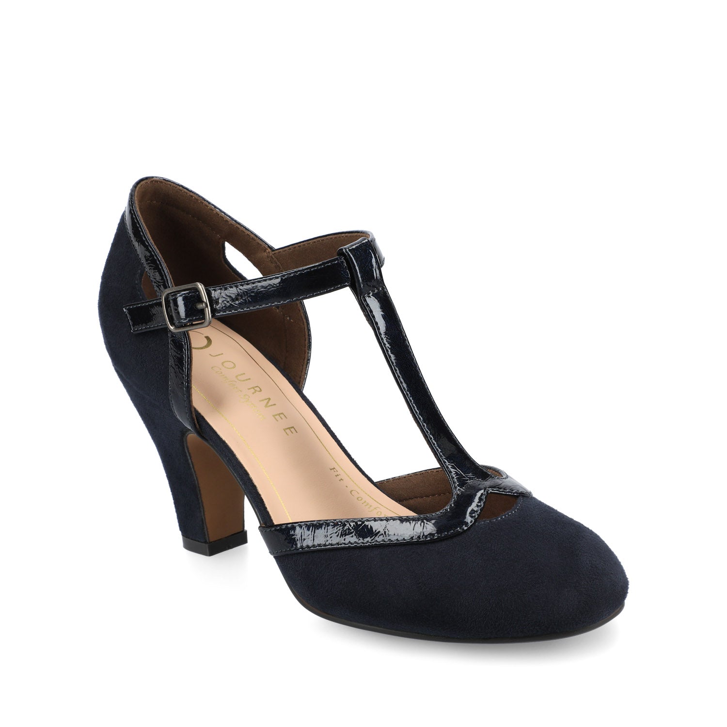 OLINA T-STRAP PUMP HEELS IN WIDE - Navy Suede