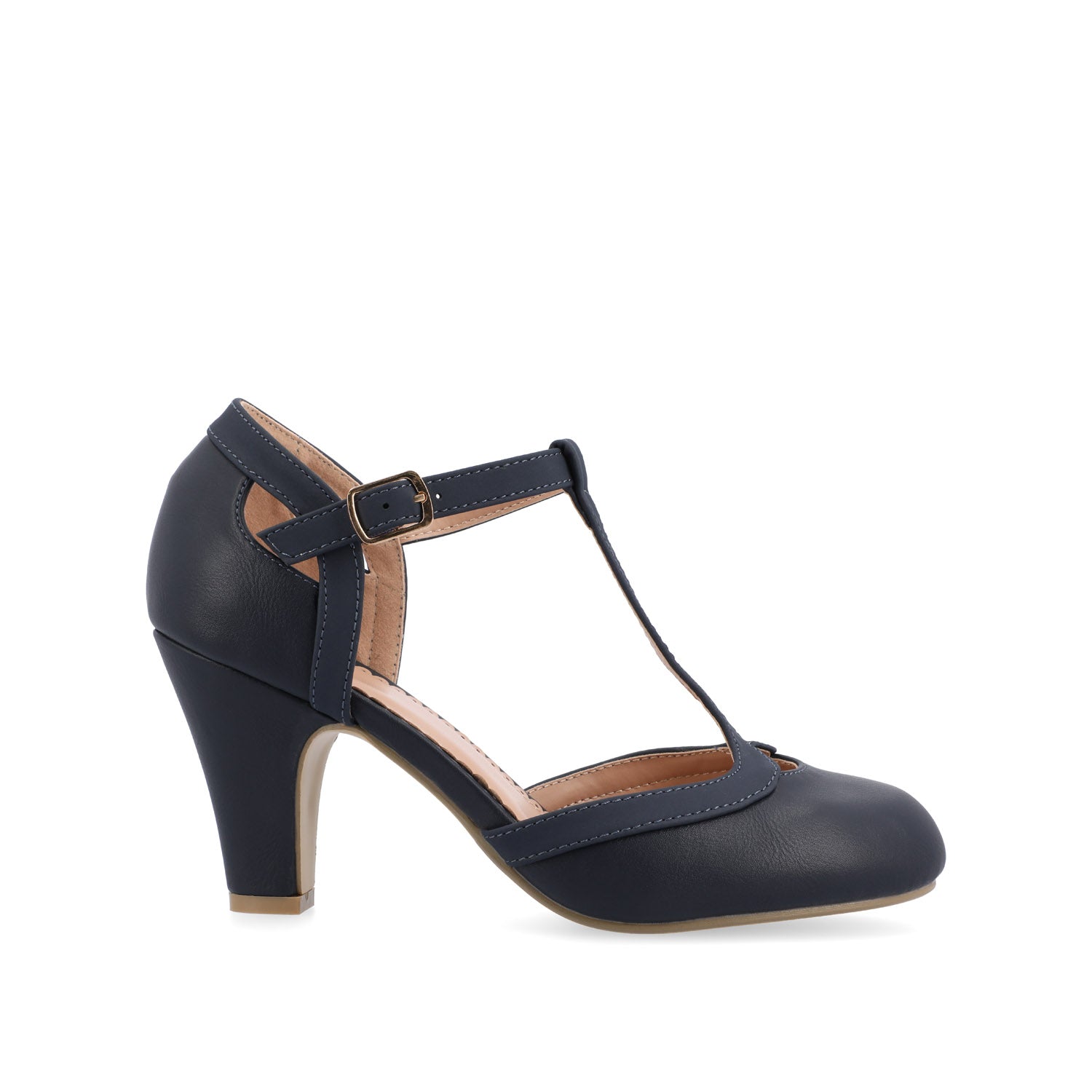 OLINA T-STRAP PUMP HEELS IN VEGAN LEATHER - Navy Nubuck