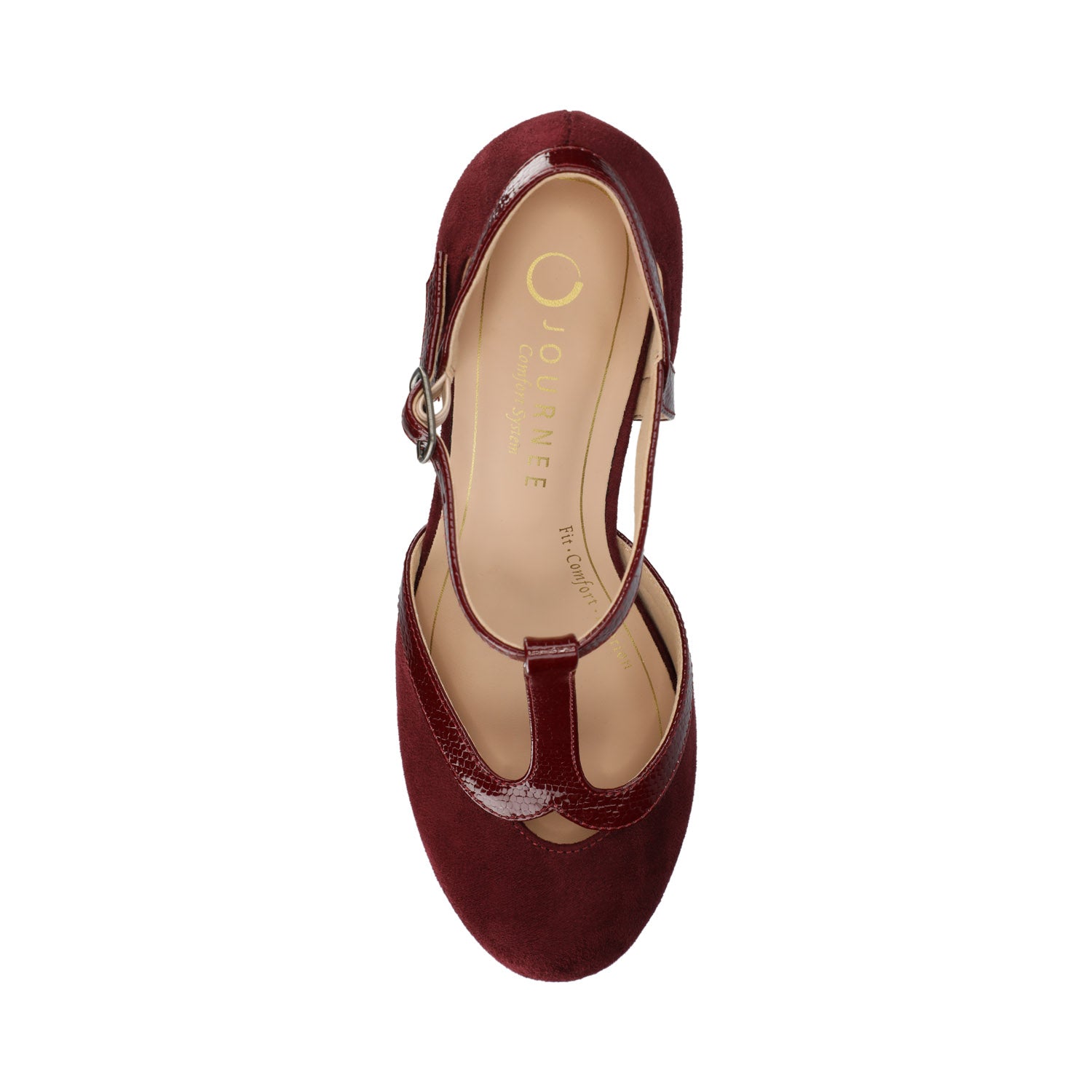 OLINA T-STRAP PUMP HEELS IN VEGAN LEATHER - Oxblood Suede