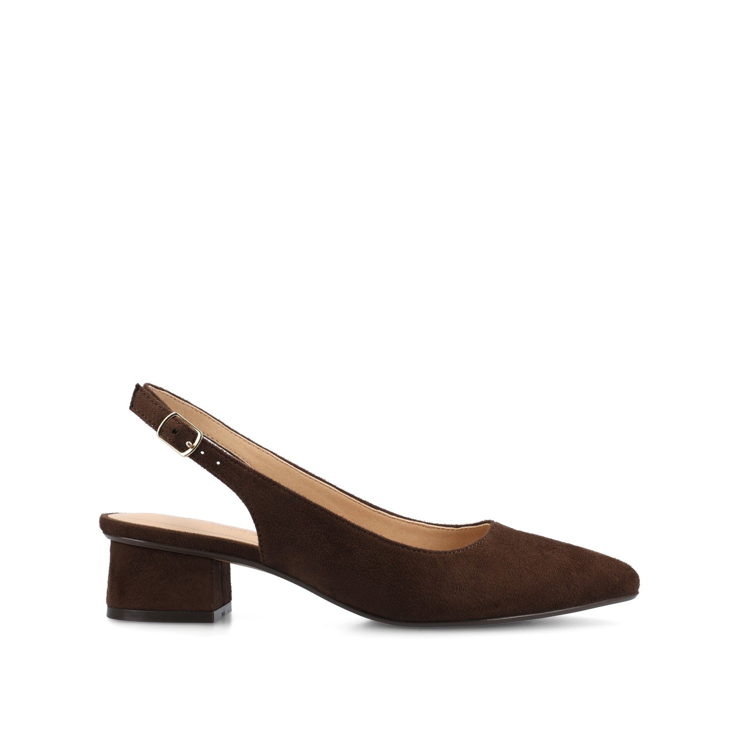 SYLVIA LOW BLOCK PUMP HEELS IN FAUX SUEDE - Chocolate Suede
