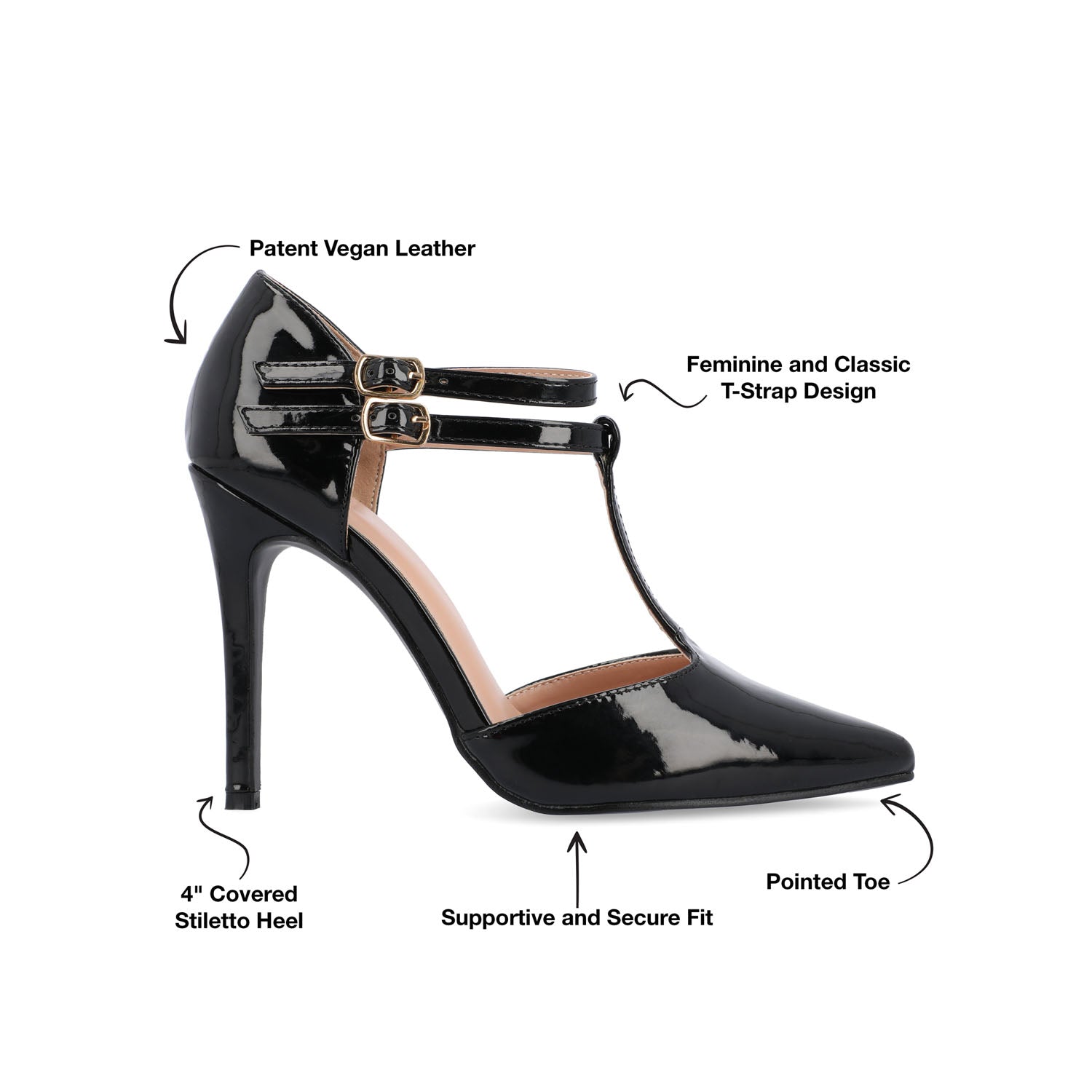 TRU T-STRAP STILETTO PUMP HEELS IN PATENT - Black