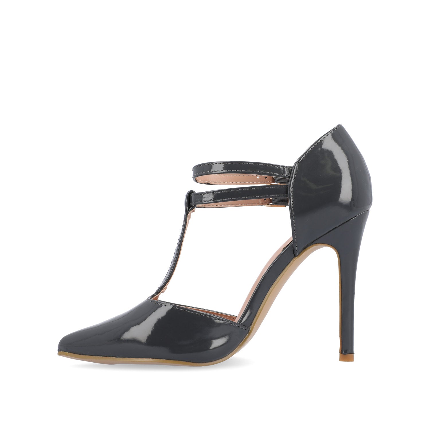 TRU T-STRAP STILETTO PUMP HEELS IN PATENT - Grey