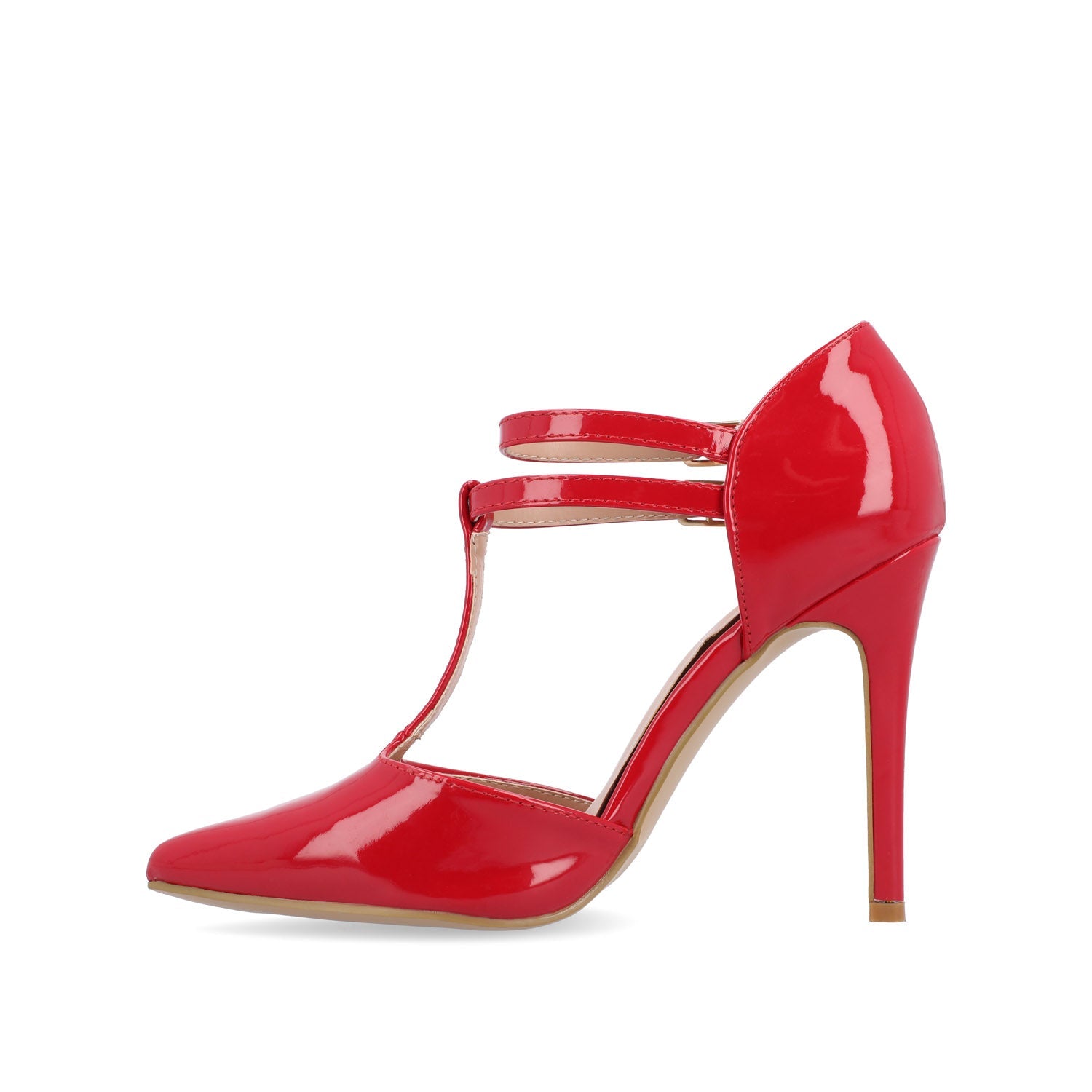 TRU T-STRAP STILETTO PUMP HEELS IN PATENT - Red