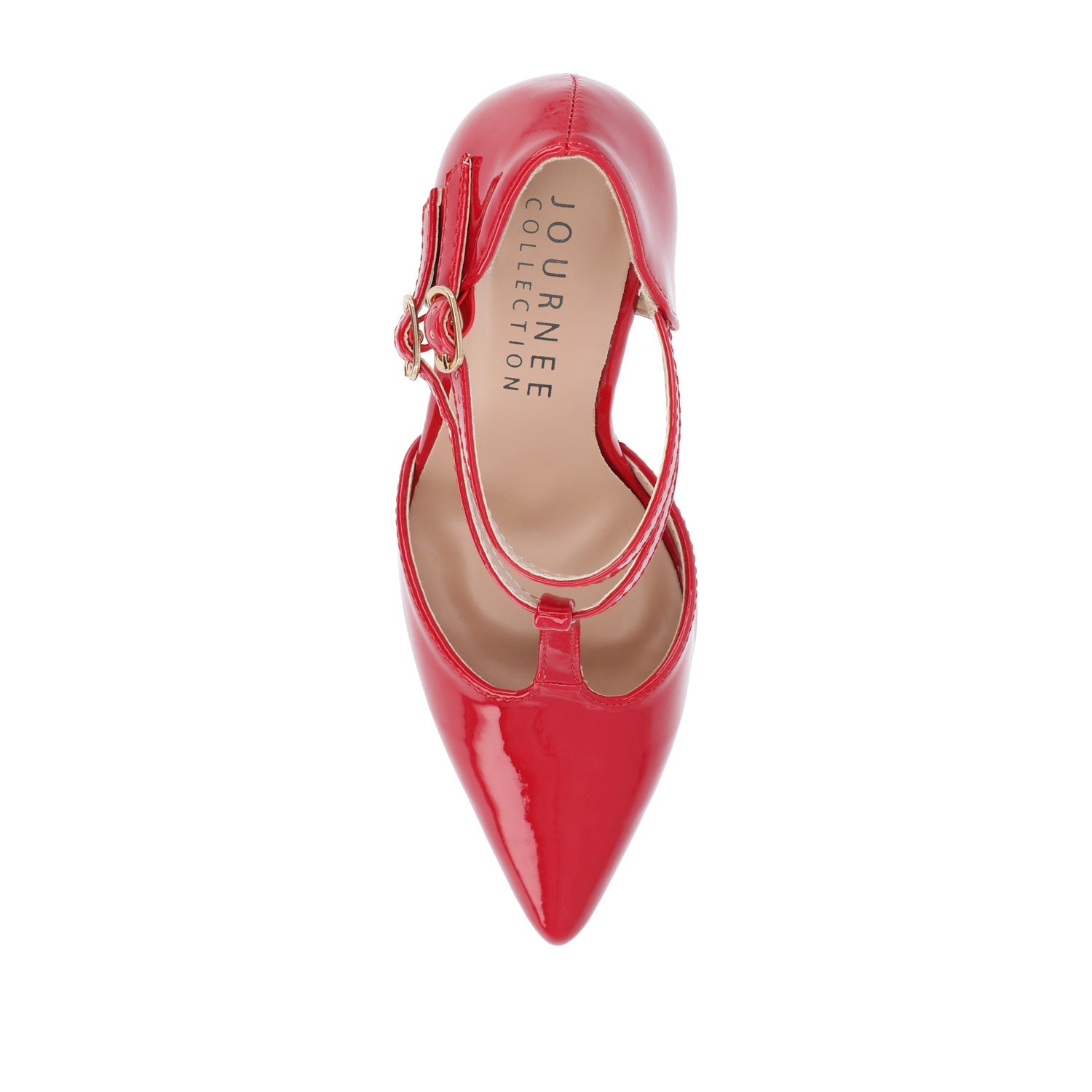 TRU T-STRAP STILETTO PUMP HEELS IN PATENT - Red