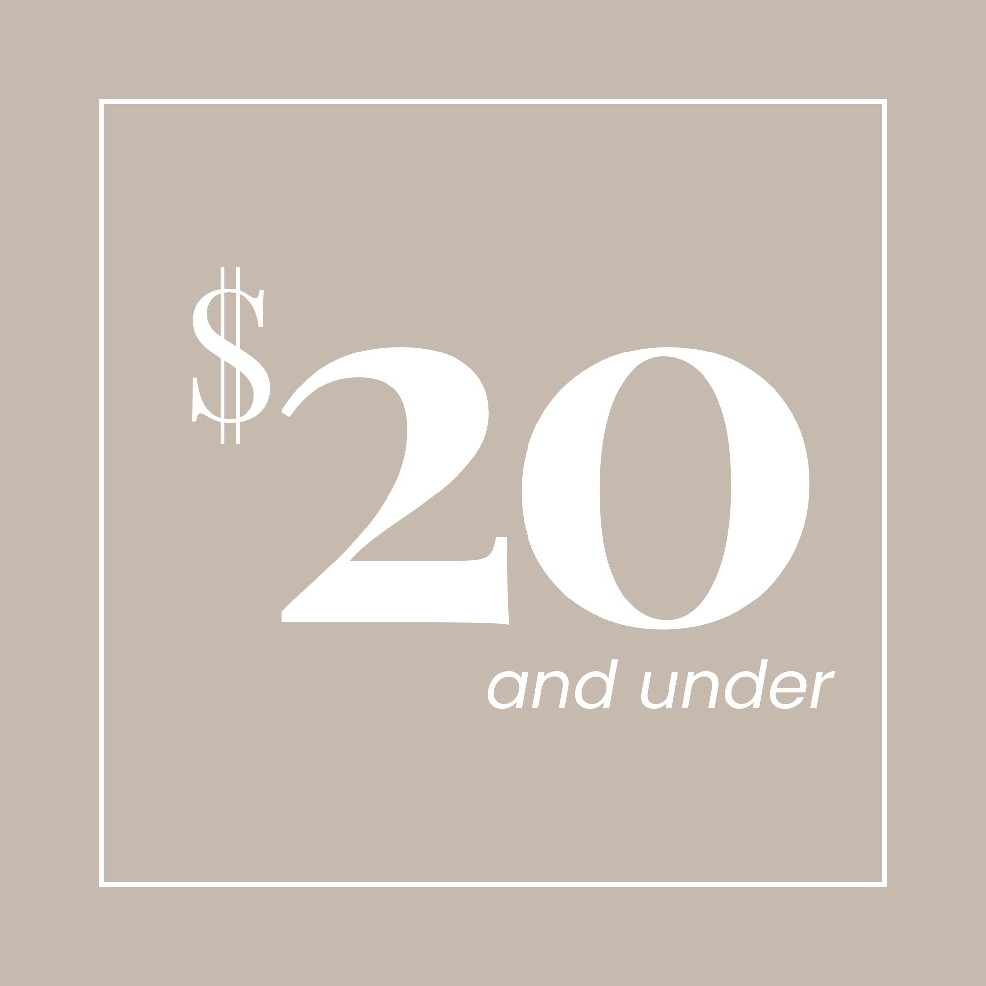 Promotional graphic with beige background. White text reads "$20 and Under Shoes"