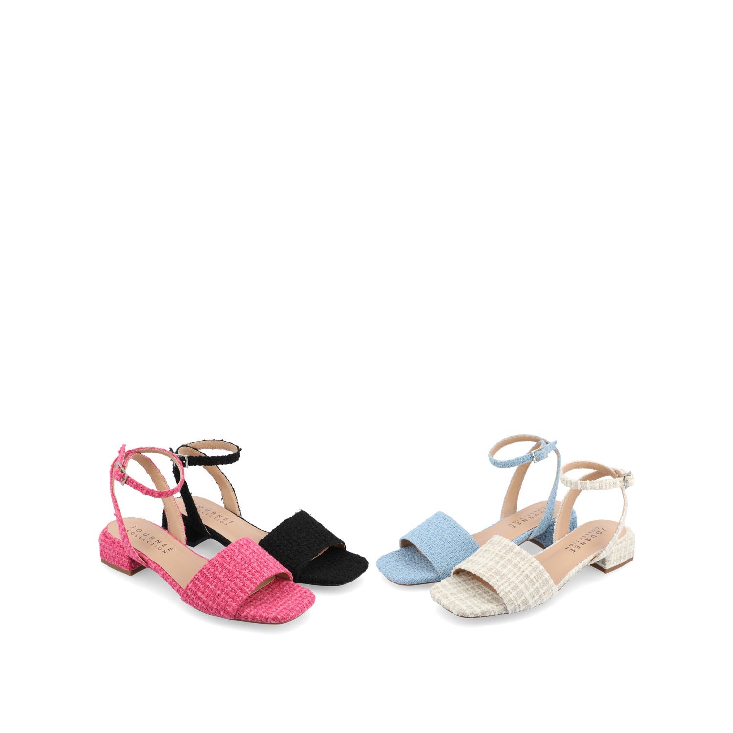 ADLEEY STRAPPY LOW BLOCK HEELS IN TWEED - Magenta Tweed