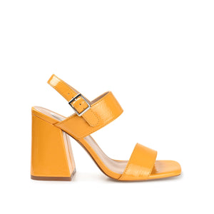 ADRAS STRAPPY BLOCK HEELS IN PATENT - Orange Patent