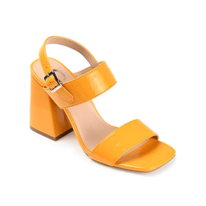 ADRAS STRAPPY BLOCK HEELS IN PATENT - Orange Patent