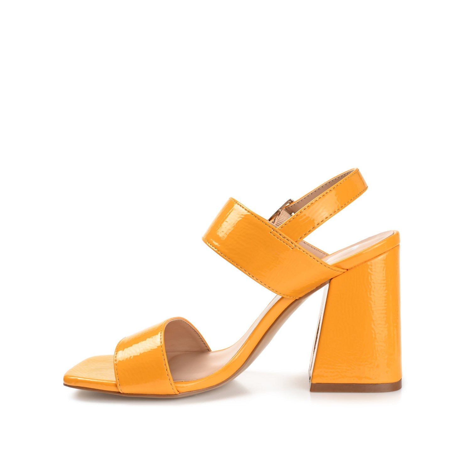 ADRAS STRAPPY BLOCK HEELS IN PATENT - Orange Patent
