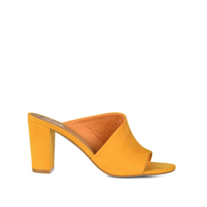 ALLEA BLOCK HEELED MULES IN WIDE - Mustard Faux Suede
