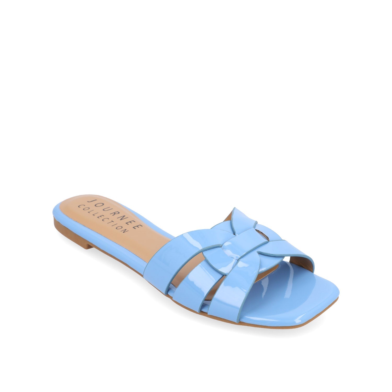 ARRINA STATEMENT PATENT SLIDE SANDALS IN WIDE - Blue Patent