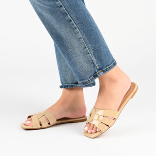 ARRINA STATEMENT PATENT SLIDE SANDALS IN WIDE