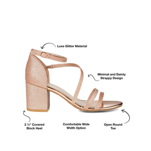 BELLA GLITTERED STRAPPY HEELS IN WIDE - Rose Gold Glitter