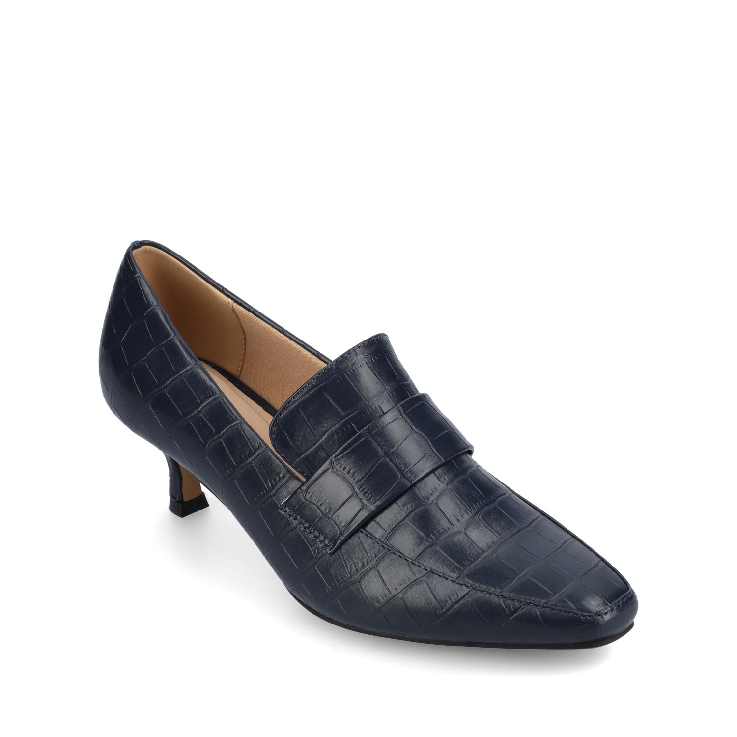 CELINA KITTEN LOAFER HEELS IN CROCO STATEMENT - Navy Nubuck