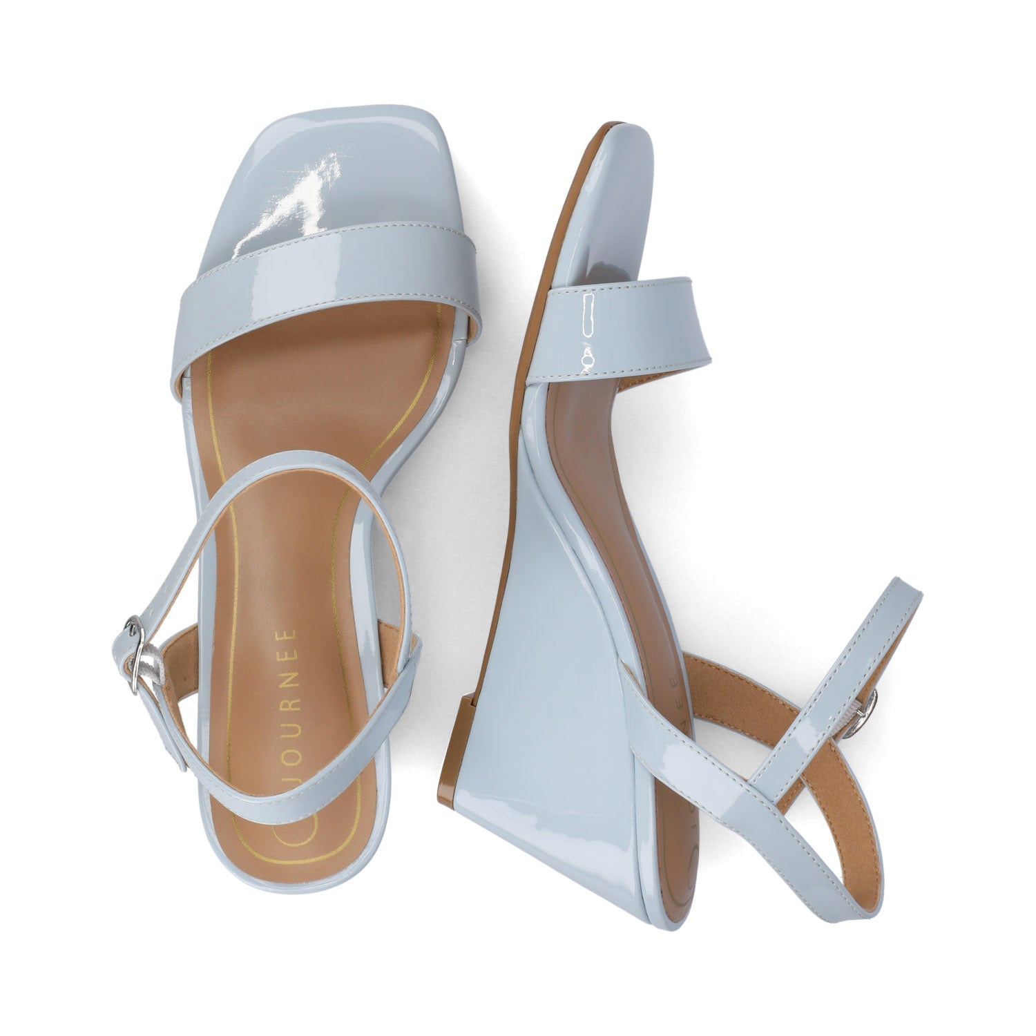 CLAYR STRAPPY WEDGE HEELS IN PATENT - Blue Patent