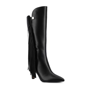 DOLLY KNEE HIGH TASSEL WESTERN BOOTS - Black