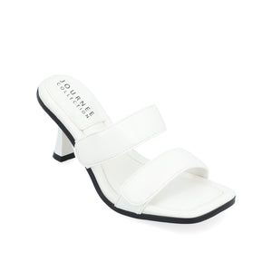 ESSEY HEELED DUAL STRAP SANDALS IN FAUX LEATHER