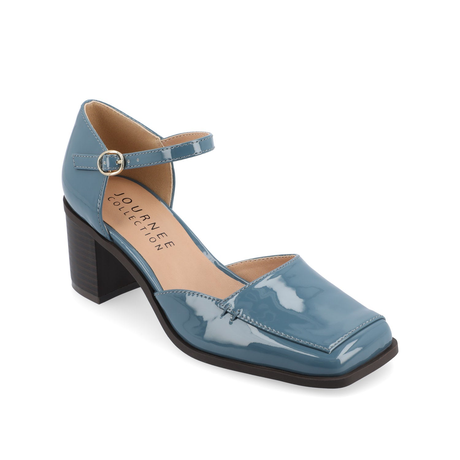 EVANGELINE BLOCK D'ORSAY HEELS IN PATENT - Patent Blue