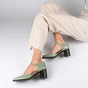 EVANGELINE BLOCK D'ORSAY HEELS IN PATENT - Patent Green