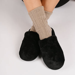 JAYDE SLIPPERS IN FAUX FUR - Black Faux Fur