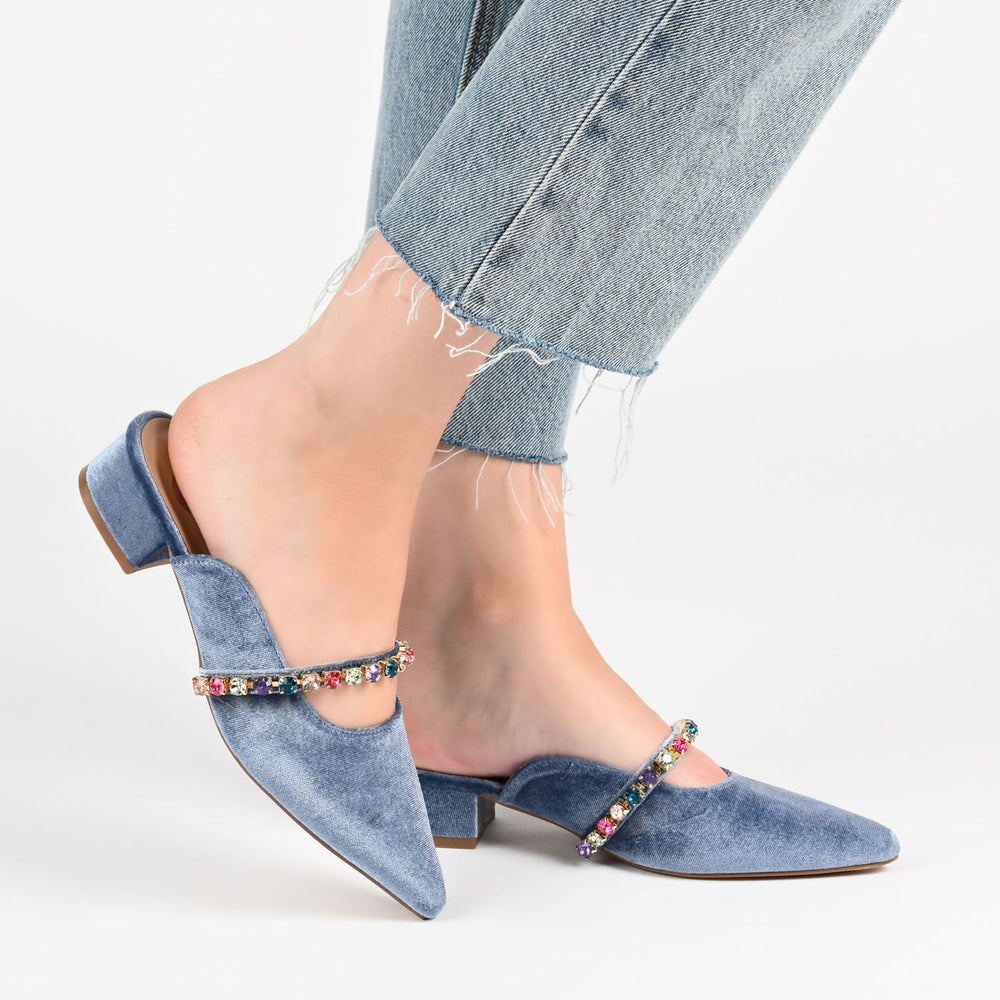 JEWEL KITTEN HEEL MULE FLATS IN VELVET