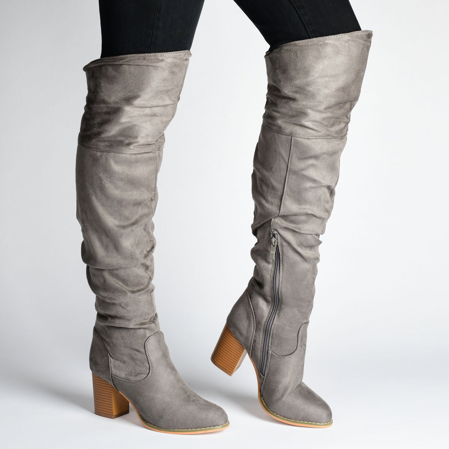 KAISON THIGH HIGH BOOTS IN FAUX SUEDE - Grey Faux Suede