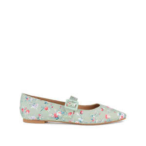 KARISSA MARY JANE FLATS IN FAUX SUEDE - Green Floral Fabric