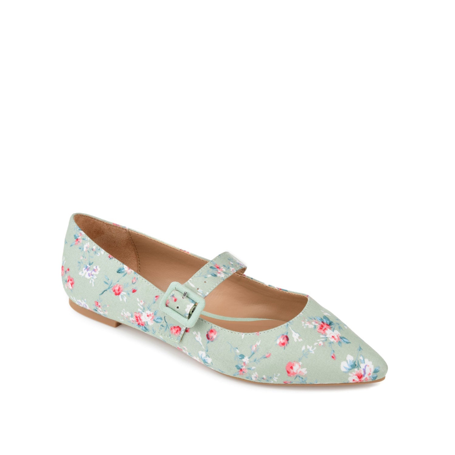 KARISSA MARY JANE FLATS IN FAUX SUEDE - Green Floral Fabric