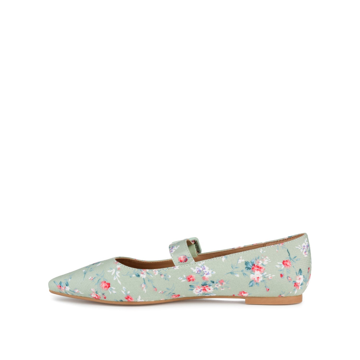 KARISSA MARY JANE FLATS IN FAUX SUEDE - Green Floral Fabric