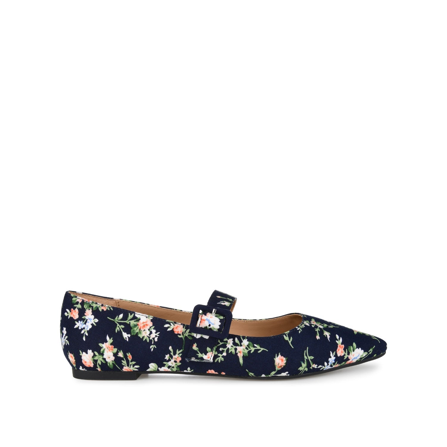 KARISSA MARY JANE FLATS IN FAUX SUEDE - Navy Floral Fabric