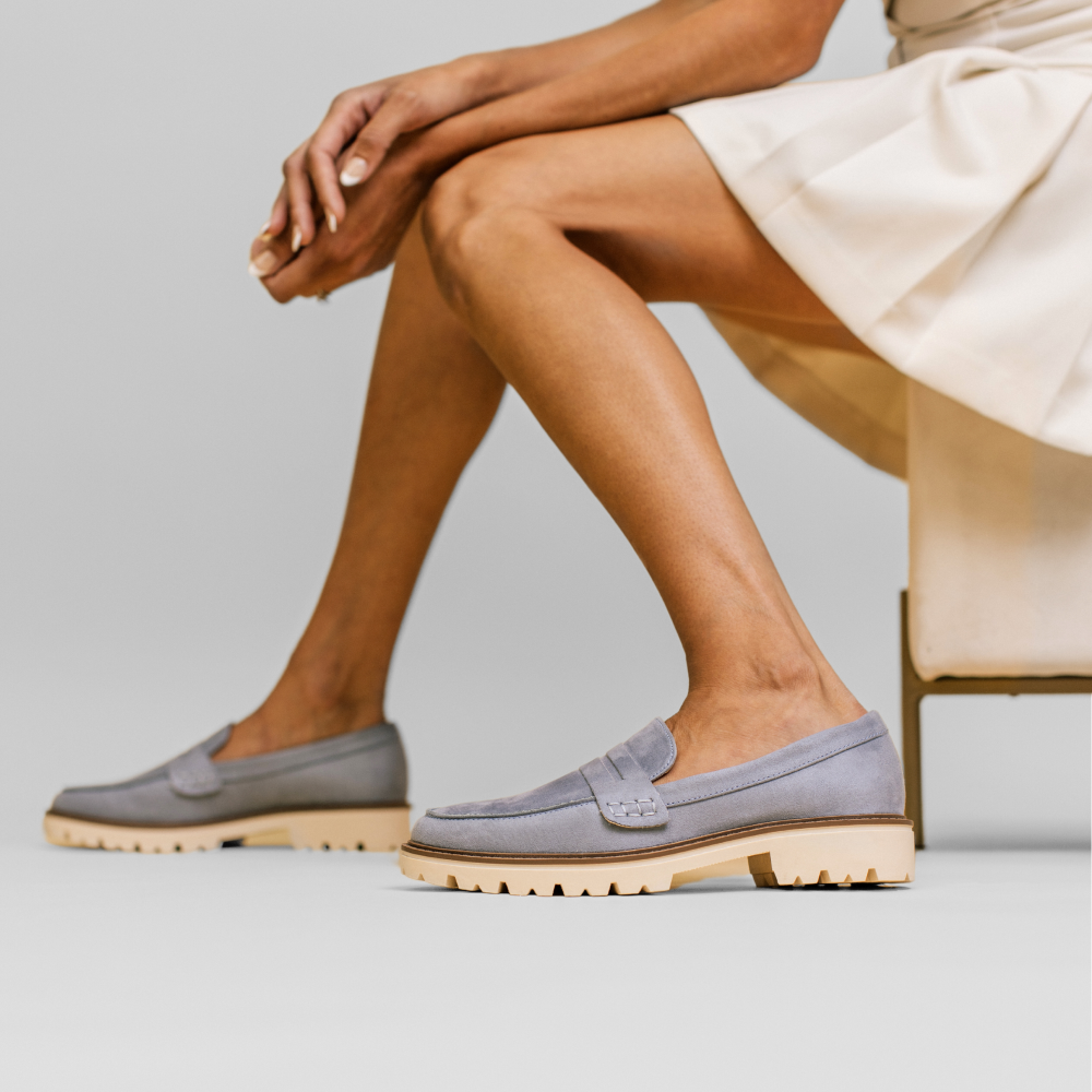 KENLY FAUX SUEDE LOAFER FLATS IN WIDE - Light Blue Faux Suede