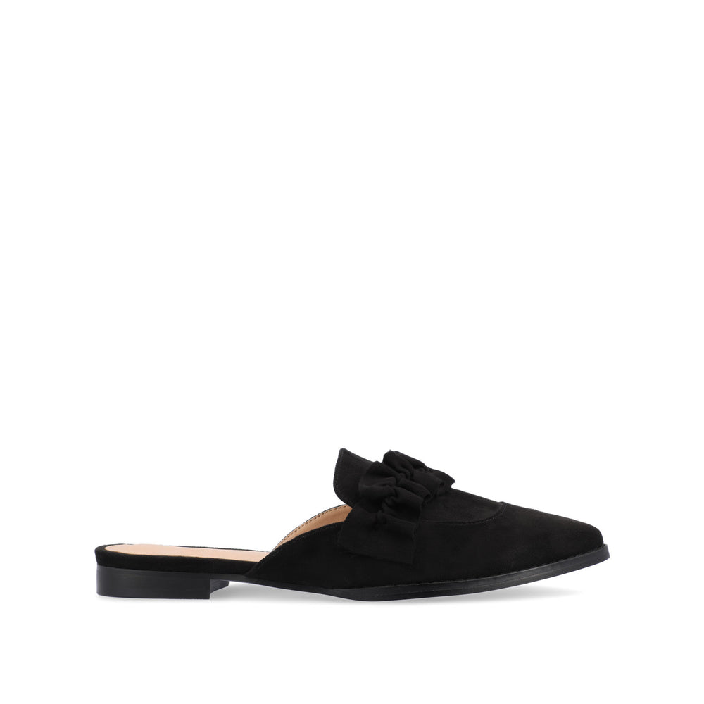 KESSIE RUFFLED MULE FLATS IN FAUX SUEDE