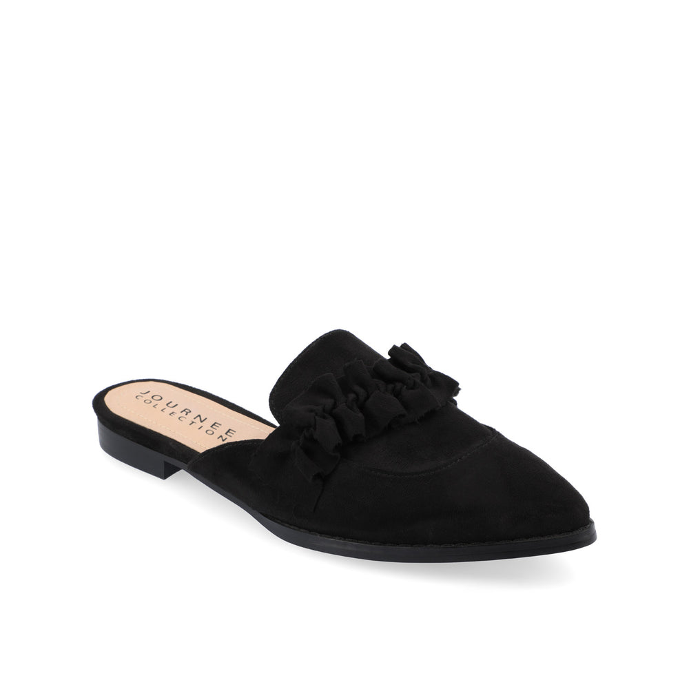 KESSIE RUFFLED MULE FLATS IN FAUX SUEDE