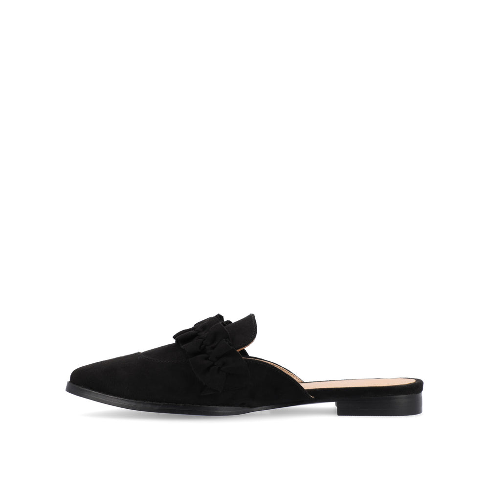 KESSIE RUFFLED MULE FLATS IN FAUX SUEDE